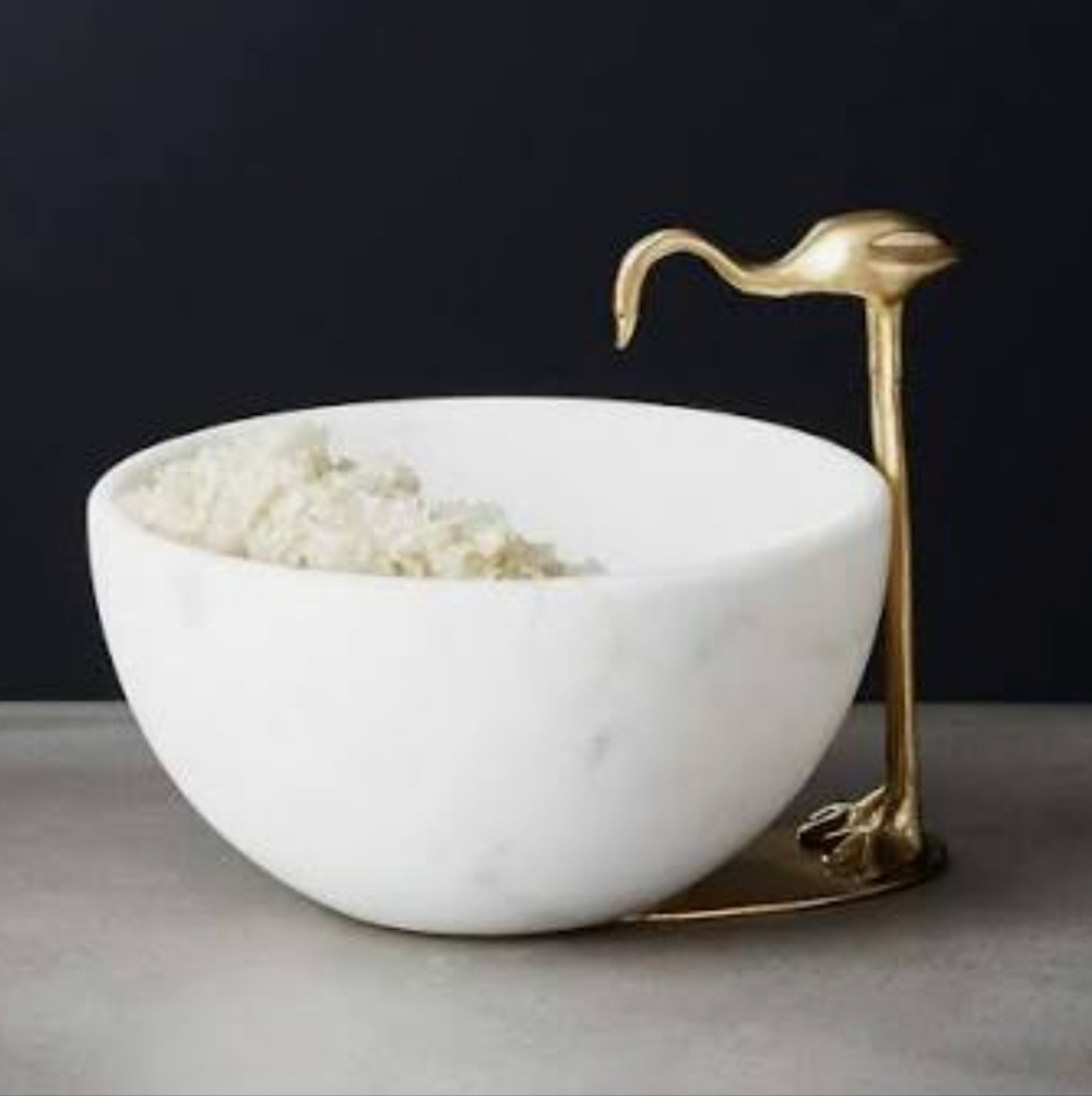 CB2 White Marble Salt Cellar with Gold Flamingo Accent